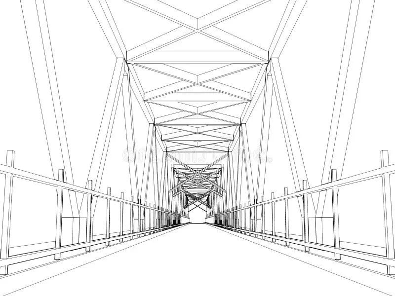 Line drawing of a steel truss bridge in perspective – bridge drawing and design consultant