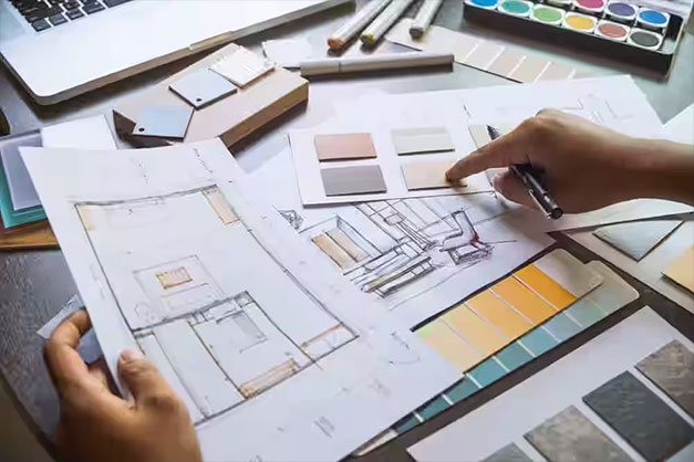 Designer reviewing floor plan with material samples – civil and interior design in Bhopal