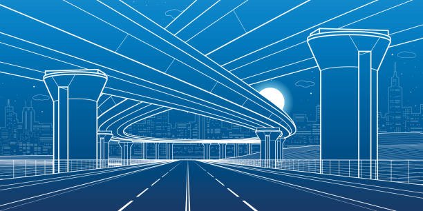 City architecture and infrastructure illustration, automotive overpass, big bridges, urban scene. Night town. White lines on blue background. Vector design art