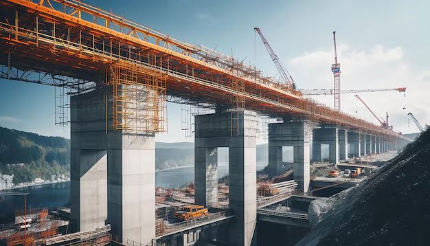 Large bridge under construction with cranes and formwork – bridge construction consultancy